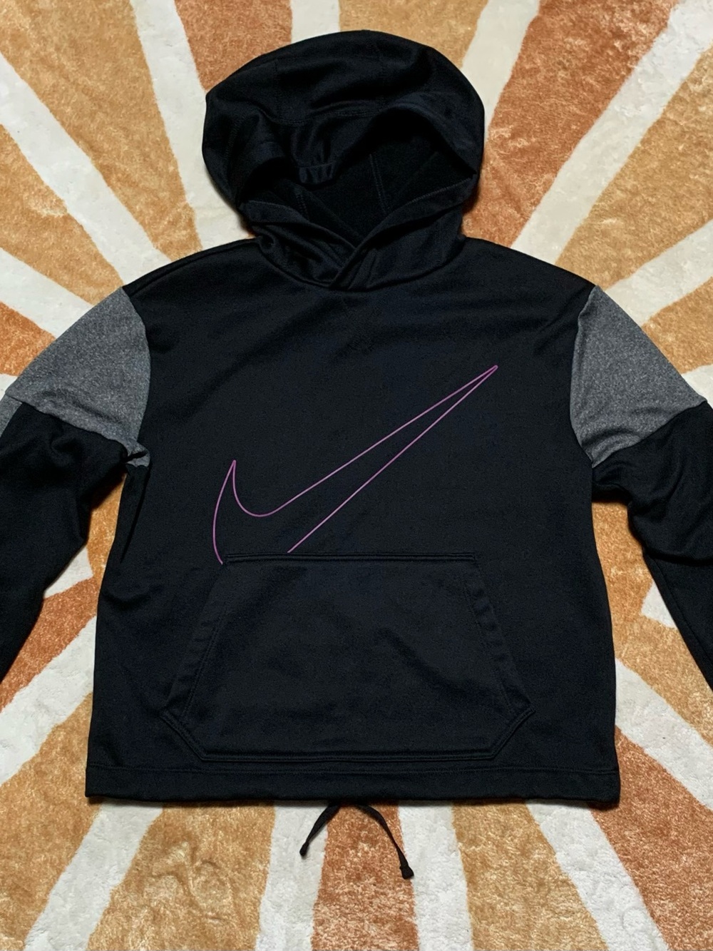 Nike Black Hooded Pullover with Gray Sleeves and Purple Swoosh Outline